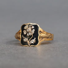 Load image into Gallery viewer, Antique Victorian era enamel ring with diamond pansy in 22ct gold
