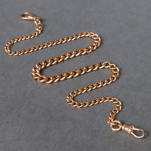 Load image into Gallery viewer, Albert chain. Watch chain. Gold watch chain. Curb link chain. Graduated curb link chain. Graduated link chain. Double dog clips. Dog clip chain. Gold chain. Gold watch chain. Gold curb link chain. 9k gold chain. 9ct gold chain.
