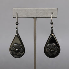 Load image into Gallery viewer, Antique jet earrings. Whitby jet earrings. Jet teardrop earrings. Jet drop earrings. Jet flower earrings. Large drop earrings. Large jet earrings. 
