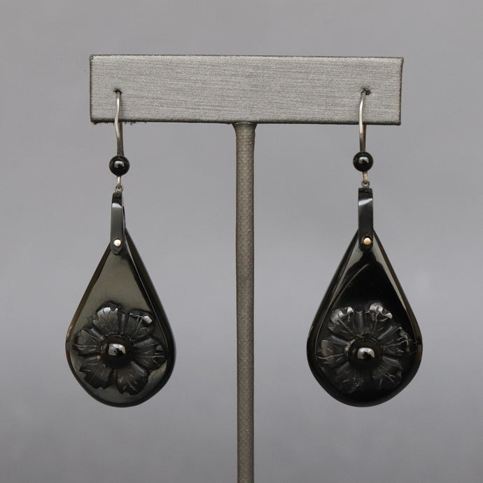 Antique jet earrings. Whitby jet earrings. Jet teardrop earrings. Jet drop earrings. Jet flower earrings. Large drop earrings. Large jet earrings. 