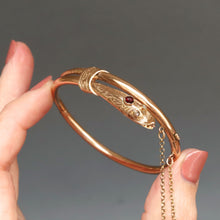 Load image into Gallery viewer, Antique snake bangle. Antique serpent bangle. Antique esclave bangle. Antique slave bangle. Gold snake bangle. Gold serpent bangle. Snake bypass bangle. Garnet snake bangle. Garnet serpent bangle. 14ct 14k gold snake serpent bangle. Engraved snake serpent bangle.
