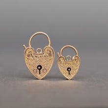 Load image into Gallery viewer, Antique heart padlock with ivy leaf engraving in 9ct yellow gold. Edwardian heart padlock. Antique heart padlock. Antique padlock. Antique gold padlock. Ivy padlock. Large gold padlock. Small gold padlock. Large heart clasp. Small heart clasp. Matching heart padlocks. 
