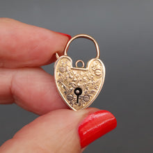 Load image into Gallery viewer, Antique heart padlock with ivy leaf engraving in 9ct yellow gold. Edwardian heart padlock. Antique heart padlock. Antique padlock. Antique gold padlock. Ivy padlock. Large gold padlock. Small gold padlock. Large heart clasp. Small heart clasp. Matching heart padlocks. 
