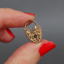 Load image into Gallery viewer, Antique heart padlock with ivy engraving in 9ct gold - two sizes
