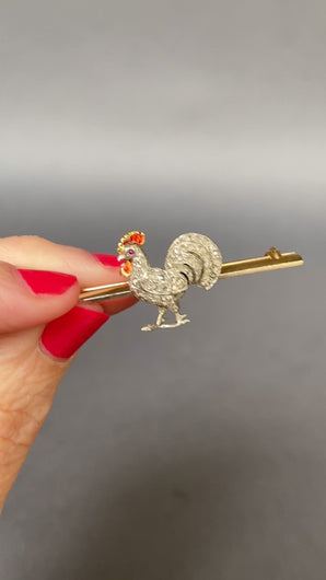 Cockerel brooch. Rooster brooch. Chicken brooch. Antique cockerel brooch. Diamond cockerel brooch. Edwardian cockerel brooch. Cockerel bar brooch. Enamel cockerel brooch. Antique rooster brooch. Antique chicken brooch. Antique figural brooch. Antique tie pin. Figural tie pin.