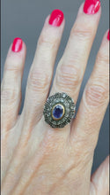 Load and play video in Gallery viewer, Vintage cocktail ring with sapphire (0.6ct) &amp; diamonds in 12ct gold
