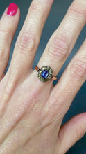 Load and play video in Gallery viewer, Antique blue sapphire (0.8ct) &amp; diamond cluster ring in 9ct gold
