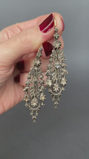 Antique Catalan earrings. Antique Iberian earrings. Antique diamond drop earrings. Articulated earrings. Herring earrings. Nanny earrings. Silver drop earrings. Collet set earrings. Table set diamond earrings. Cut down collet earrings. Foil back diamond earrings. Rose cut diamond earrings.