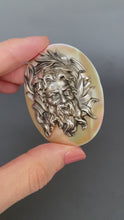 Load and play video in Gallery viewer, Antique brooch with Dionysus in sterling silver &amp; mother of pearl
