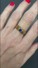 Load and play video in Gallery viewer, Antique engraved band with synthetic sapphire in 14ct gold
