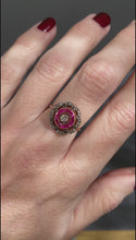 Load and play video in Gallery viewer, Antique ruby &amp; diamond flower halo ring in 20ct gold
