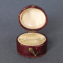 Load image into Gallery viewer, Oval shaped box. Oval shaped ring box. Antique ring box. Antique ring box. Vintage oval shaped ring box. Antique leather ring box. Leather ring box. Red leather ring box. Antique red ring box. Burgundy leather ring box. Antique burgundy leather ring box.
