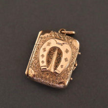 Load image into Gallery viewer, Horseshoe locket. Lucky horseshoe. Lucky locket. Antique horseshoe locket. Gold horseshoe locket. Victorian horseshoe locket.
