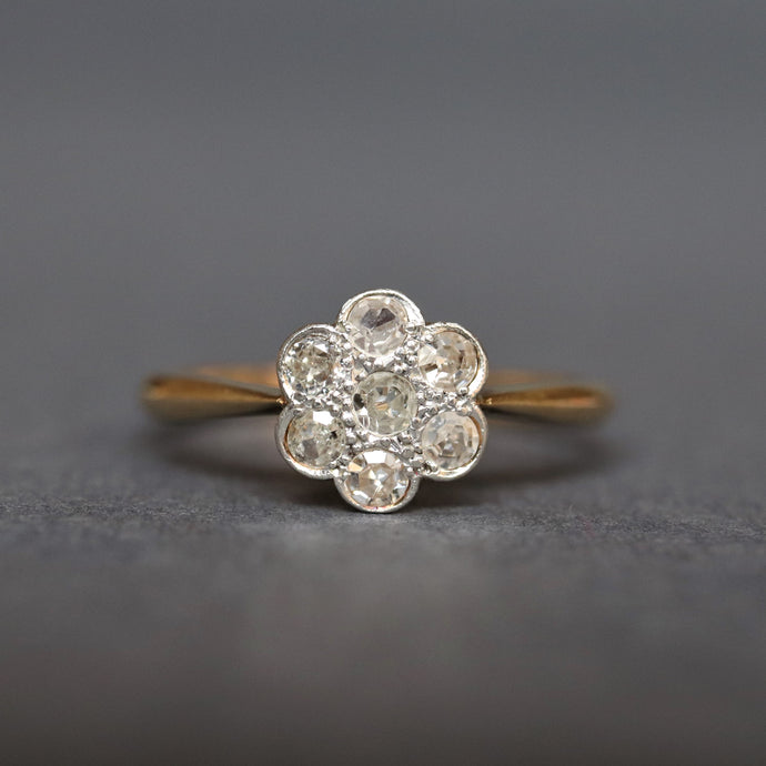 Vintage ring. Daisy ring. Cluster ring. Flower ring. Diamond cluster ring. Diamond daisy ring. Diamond flower ring. Vintage cluster ring. Vintage flower ring. Vintage daisy ring. Edwardian daisy ring. Edwardian ring. Antique ring. Antique flower ring. Antique cluster ring. Antique daisy ring. Engagement ring. Diamond engagement ring. Vintage engagement ring. Antique engagement ring. 