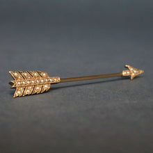 Load image into Gallery viewer, Antique arrow pin. Pearl arrow pin. Seed pearl arrow pin. Converter arrow pin. Antique arrow pendant. Gold arrow pendant. Pearl arrow pendant. Seed pearl arrow pendant. Arrow jabot pin. Arrow cliquet pin.
