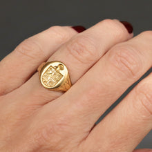 Load image into Gallery viewer, Antique signet ring. Family crest ring. Coat of arms ring. Sun and stars ring. Cross and tree on a mountain peak. Castle ring. Kinght&#39;s helmet ring.
