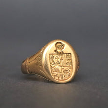 Load image into Gallery viewer, Antique signet ring. Family crest ring. Coat of arms ring. Sun and stars ring. Cross and tree on a mountain peak. Castle ring. Kinght&#39;s helmet ring.
