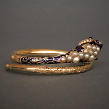 Load image into Gallery viewer, antique Victorian pearl garnet enamel snake serpent bangle bracelet 14ct 14k gold vintage jewelry jewellery blue
