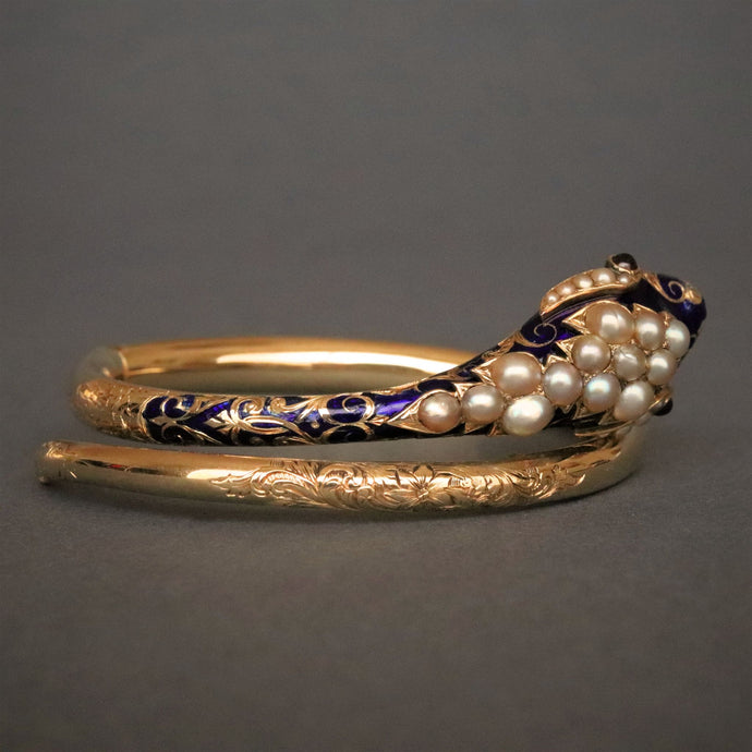 antique Victorian pearl garnet enamel snake serpent bangle bracelet 14ct 14k gold vintage jewelry jewellery blue