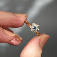 Load image into Gallery viewer, Vintage ring. Daisy ring. Cluster ring. Flower ring. Diamond cluster ring. Diamond daisy ring. Diamond flower ring. Vintage cluster ring. Vintage flower ring. Vintage daisy ring. Edwardian daisy ring. Edwardian ring. Antique ring. Antique flower ring. Antique cluster ring. Antique daisy ring. Engagement ring. Diamond engagement ring. Vintage engagement ring. Antique engagement ring. Blue spinel ring. Blue spinel daisy ring. Blue daisy ring.
