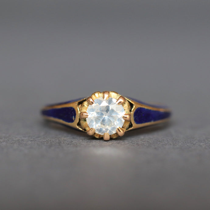 Fancy diamond ring. Fancy white diamond. Hazy diamond. Fancy diamond solitaire ring. Blue enamel ring. Vintage blue enamel ring. Blue enamel solitaire ring. Vintage solitaire ring. Vintage engagement ring.