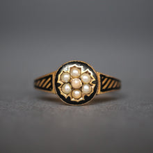 Load image into Gallery viewer, Antique mourning ring. Mourning ring. Black enamel ring. Victorian mourning ring. Memorial ring. Pearl mourning ring. Pearl flower ring. Flower mourning ring. Striped mourning ring.
