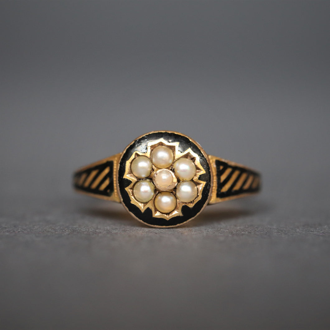 Antique mourning ring. Mourning ring. Black enamel ring. Victorian mourning ring. Memorial ring. Pearl mourning ring. Pearl flower ring. Flower mourning ring. Striped mourning ring.