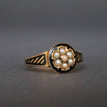 Load image into Gallery viewer, Antique Victorian era pearl &amp; black enamel mourning ring in 15ct gold
