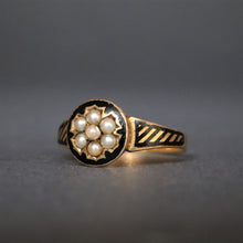 Load image into Gallery viewer, Antique Victorian era pearl &amp; black enamel mourning ring in 15ct gold
