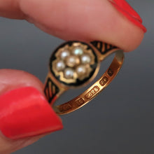 Load image into Gallery viewer, Antique Victorian era pearl &amp; black enamel mourning ring in 15ct gold
