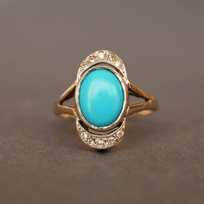 Vintage turquoise ring. Turquoise cabochon ring. Turquoise halo ring. Antique style turquoise ring. Turquoise gold ring. Art nouveau turquoise ring. Turquoise gold ring.