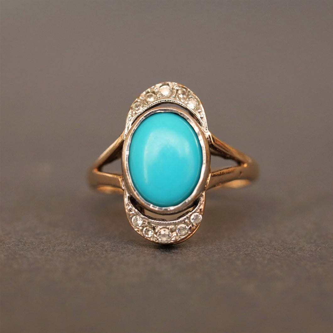 Vintage turquoise ring. Turquoise cabochon ring. Turquoise halo ring. Antique style turquoise ring. Turquoise gold ring. Art nouveau turquoise ring. Turquoise gold ring.