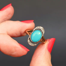 Load image into Gallery viewer, Vintage turquoise ring. Turquoise cabochon ring. Turquoise halo ring. Antique style turquoise ring. Turquoise gold ring. Art nouveau turquoise ring. Turquoise gold ring.
