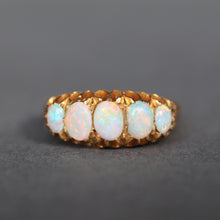 Load image into Gallery viewer, Opal five stone ring. Antique opal ring. Antique opal five stone ring. Edwardian opal ring. Vintage opal five stone ring. Opal stacking ring. Opal stacking band. Antique opal stacking ring. Antique opal stacking band. Antique white opal ring.
