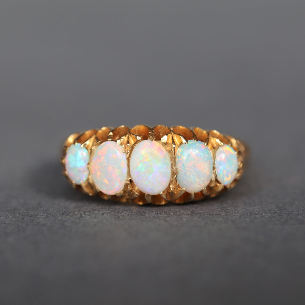 Opal five stone ring. Antique opal ring. Antique opal five stone ring. Edwardian opal ring. Vintage opal five stone ring. Opal stacking ring. Opal stacking band. Antique opal stacking ring. Antique opal stacking band. Antique white opal ring.