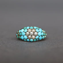 Load image into Gallery viewer, Antique turquoise ring. Pave turquoise ring. Antique turquoise and pearl ring. Victorian turquoise and pearl ring. Victorian turquoise ring. Antique daisy ring.  Cabochon turquoise ring. Turquoise pinkie ring. Turquoise cluster ring.
