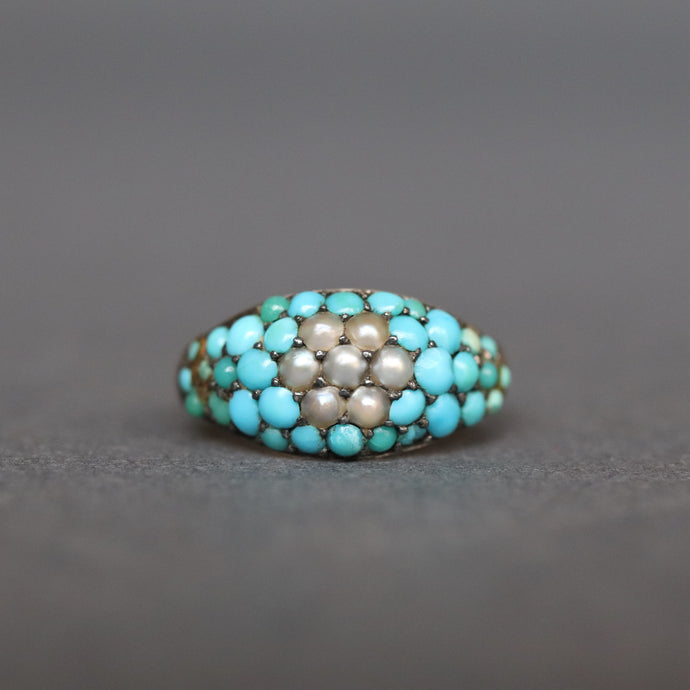 Antique turquoise ring. Pave turquoise ring. Antique turquoise and pearl ring. Victorian turquoise and pearl ring. Victorian turquoise ring. Antique daisy ring.  Cabochon turquoise ring. Turquoise pinkie ring. Turquoise cluster ring.