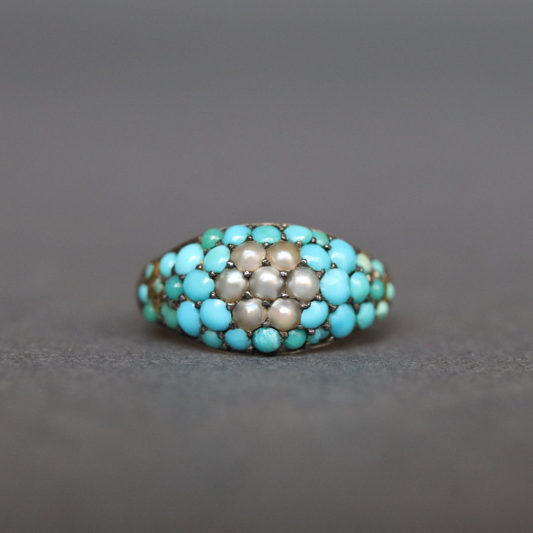 Antique turquoise ring. Pave turquoise ring. Antique turquoise and pearl ring. Victorian turquoise and pearl ring. Victorian turquoise ring. Antique daisy ring.  Cabochon turquoise ring. Turquoise pinkie ring. Turquoise cluster ring.