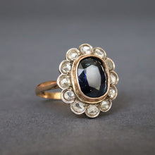 Load image into Gallery viewer, Antique blue sapphire (1.4ct) &amp; diamond cluster ring in 20ct gold
