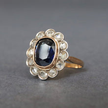 Load image into Gallery viewer, Antique blue sapphire (1.4ct) &amp; diamond cluster ring in 20ct gold
