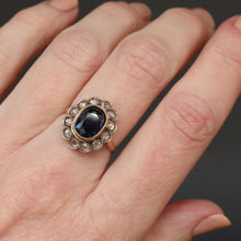 Load image into Gallery viewer, Antique sapphire ring. Antique cluster ring. Antique halo ring. Blue sapphire ring. Antique diamond halo ring. Antique diamond cluster ring.
