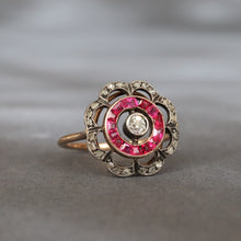 Load image into Gallery viewer, Antique ruby &amp; diamond flower halo ring in 20ct gold
