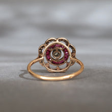 Load image into Gallery viewer, Antique ruby &amp; diamond flower halo ring in 20ct gold
