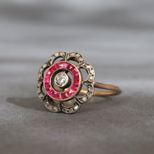 Load image into Gallery viewer, Antique ruby &amp; diamond flower halo ring in 20ct gold
