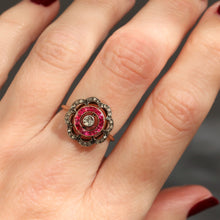 Load image into Gallery viewer, Antique flower ring. Antique ruby ring. Antique ruby and diamond ring. Art deco ruby ring. Antique target ring. Antique cluster ring. Antique halo ring. Art deco halo ring. Art deco target ring.
