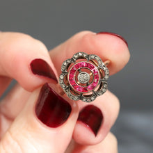 Load image into Gallery viewer, Antique ruby &amp; diamond flower halo ring in 20ct gold
