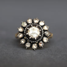 Load image into Gallery viewer, Georgian ring. Antique cluster ring. Antique rosette ring. Rosette ring. Diamond rosette ring. Georgian cluster ring. Georgian diamond ring. Antique diamond ring. Georgian rose cut diamond ring. Antique diamond halo ring. Antique diamond cluster ring.
