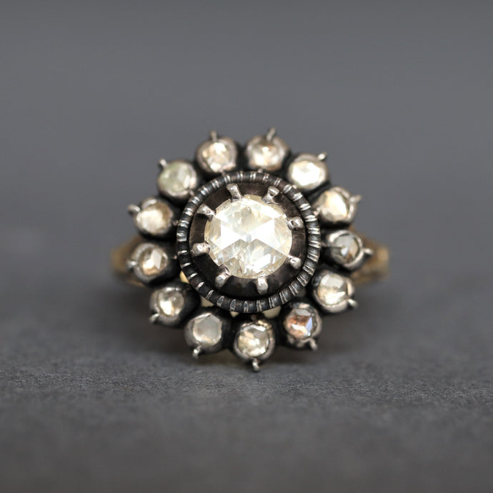 Georgian ring. Antique cluster ring. Antique rosette ring. Rosette ring. Diamond rosette ring. Georgian cluster ring. Georgian diamond ring. Antique diamond ring. Georgian rose cut diamond ring. Antique diamond halo ring. Antique diamond cluster ring.