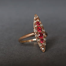 Load image into Gallery viewer, Vintage garnet doublet &amp; diamond navette ring in 14ct gold
