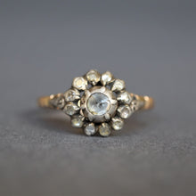 Load image into Gallery viewer, Georgian ring. Antique cluster ring. Antique rosette ring. Rosette ring. Diamond rosette ring. Georgian cluster ring. Georgian diamond ring. Antique diamond ring. Georgian rose cut diamond ring. Antique diamond halo ring. Antique diamond cluster ring.
